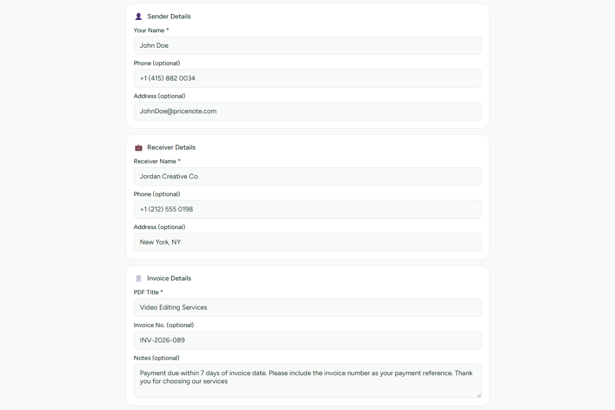 Filling in sender and receiver details